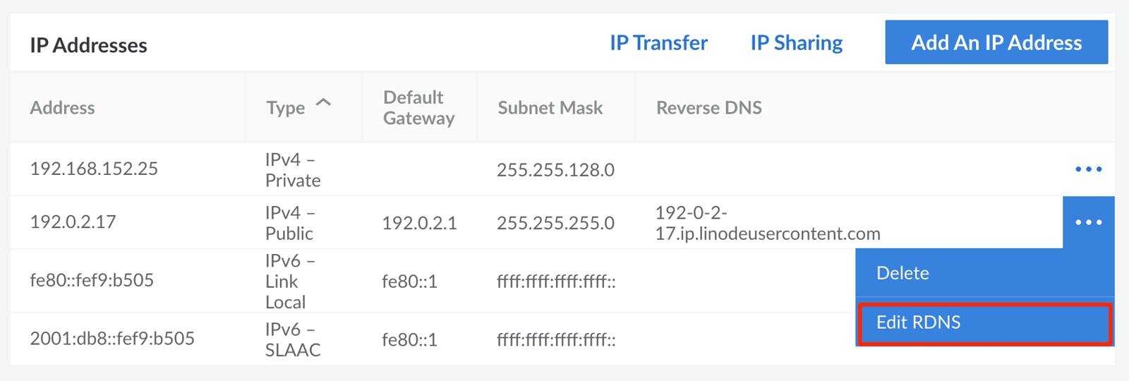 Select ‘Edit RDNS’ option from the IP address menu.