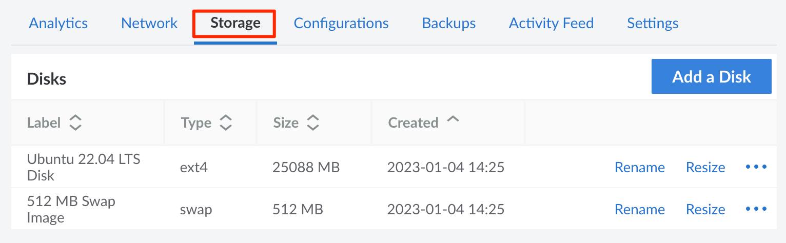 Screenshot of a Compute Instance’s list of disks