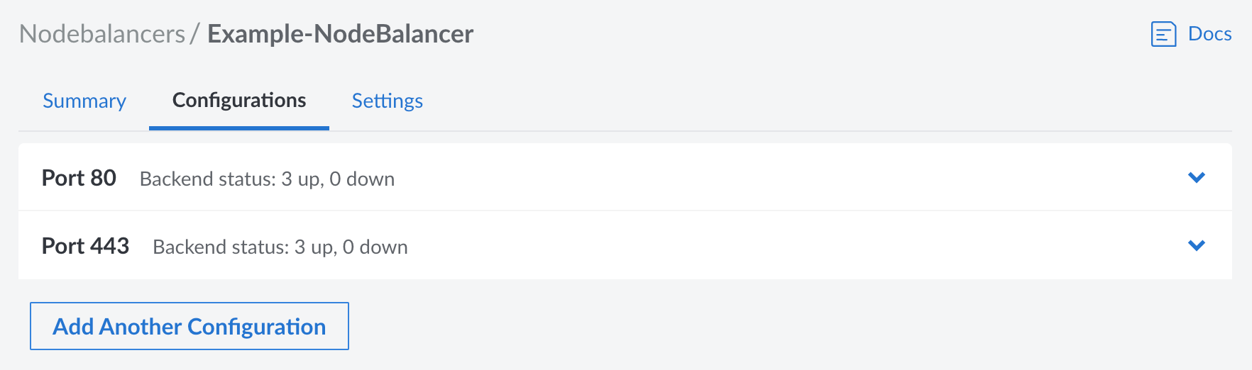 Screenshot of a NodeBalancer’s Configuration in Cloud Manager